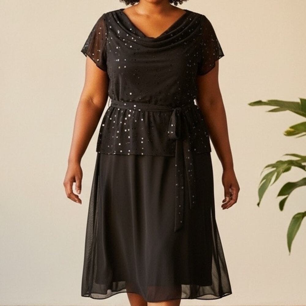 Karen Stevens Dress 8 Gray Layered Flutter Sleeve Belted Party Event